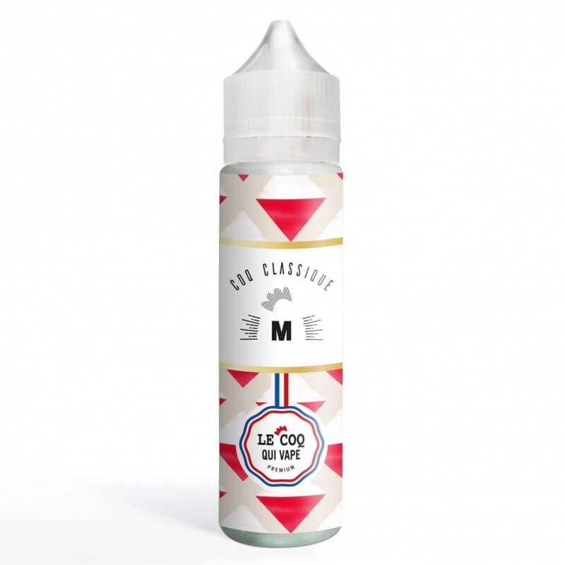Flacon de 50ml d'e-liquide Classique M Le Coq Qui Vape avec étiquette blanche, motifs géométriques rouges et logo français.