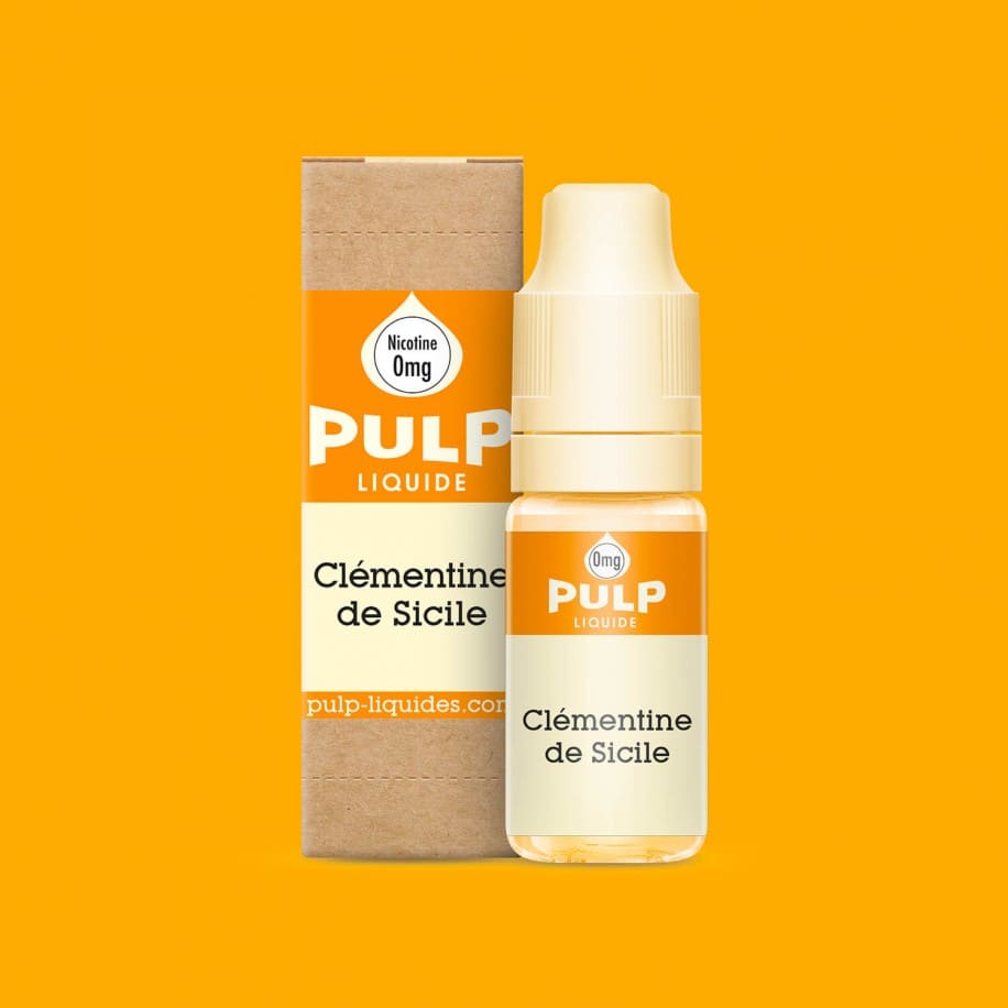 Flacon de 10ml et boîte en carton PULP Clémentine de Sicile, design orange et kraft sur fond jaune vif.