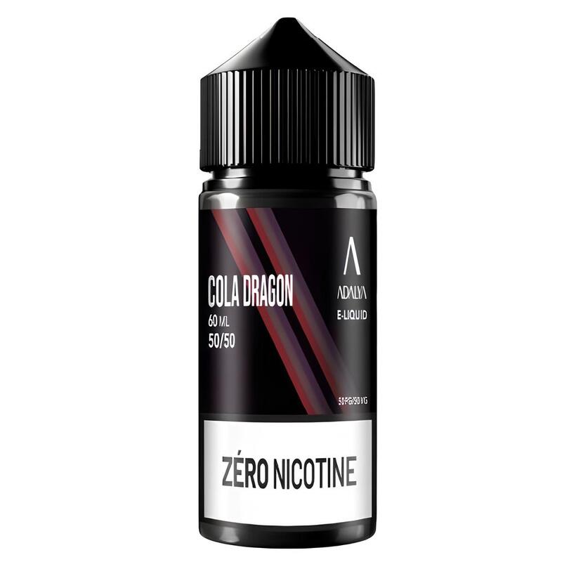 Flacon d'e-liquide Adalya Cola Dragon 60ml avec étiquette noire, bandes rouges et bouchon noir sur fond blanc.