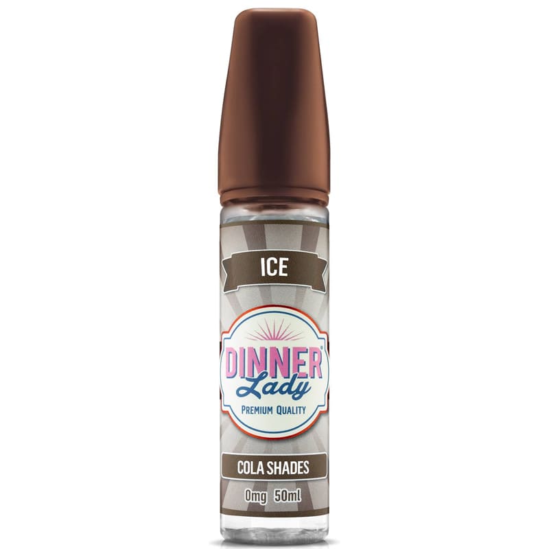 Flacon de 50ml d'e-liquide Ice Cola Shade Dinner Lady avec bouchon marron et étiquette rétro grise et blanche.