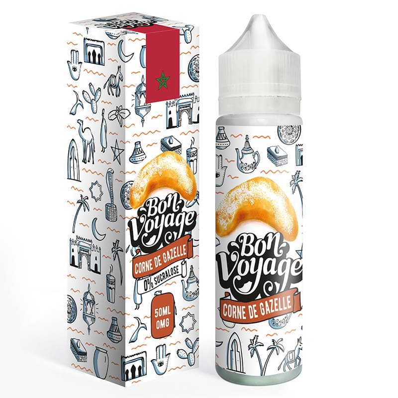 Flacon et boîte d'e-liquide 50ml Bon Voyage Corne de Gazelle avec motifs marocains et illustration de pâtisserie.