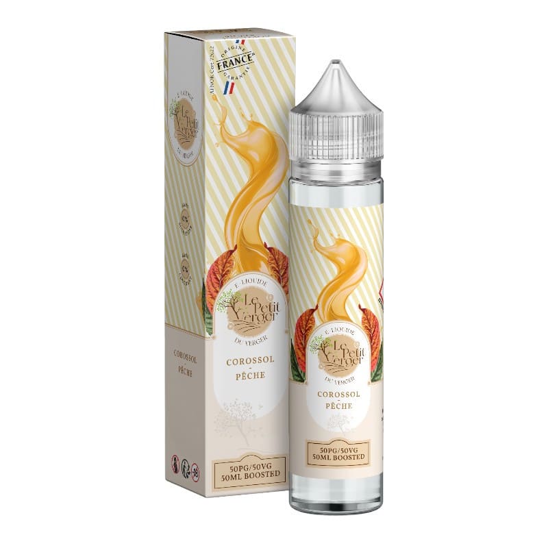 Flacon de 50ml et boîte Le Petit Verger Corossol Pêche avec étiquette beige, motifs de fruits et bouchon transparent.