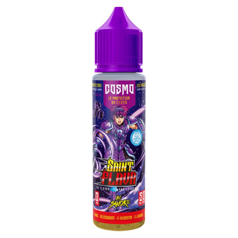 Flacon d'e-liquide Cosmo Saint Flava 50ml avec bouchon violet et illustration de guerrier cosmique sur fond galactique.