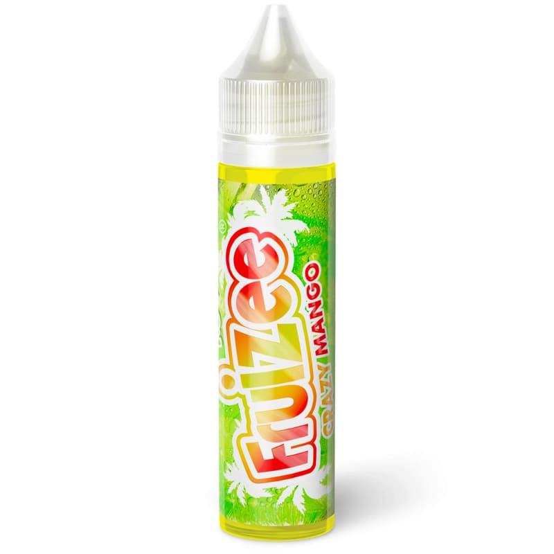 Flacon d'e-liquide Fruizee Crazy Mango 50ml avec étiquette verte tropicale, logo rouge et jaune et bouchon blanc transparent.
