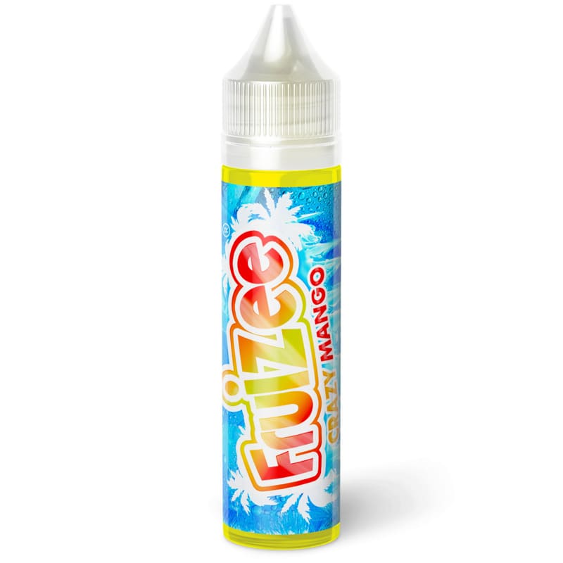 Flacon d'e-liquide Fruizee Crazy Mango 50ml avec étiquette bleue tropicale, palmiers blancs et logo coloré sur fond jaune.