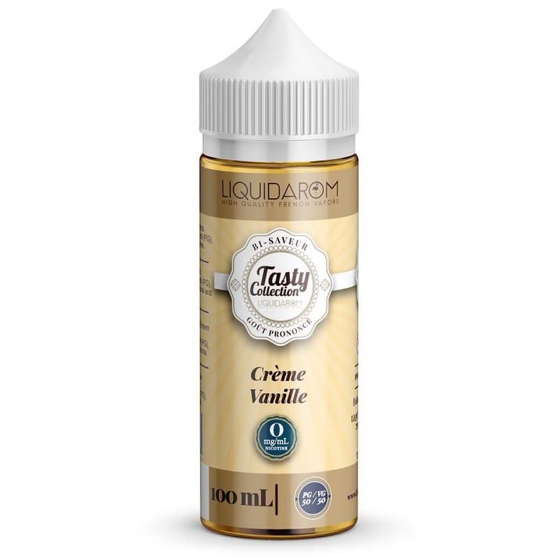Flacon d'e-liquide Crème Vanille Tasty Collection 100ml avec bouchon blanc, étiquette beige et design élégant.