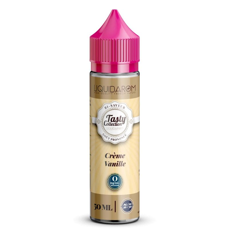 Flacon d'e-liquide Tasty Collection Crème Vanille 50ml avec bouchon rose vif et étiquette beige élégante.