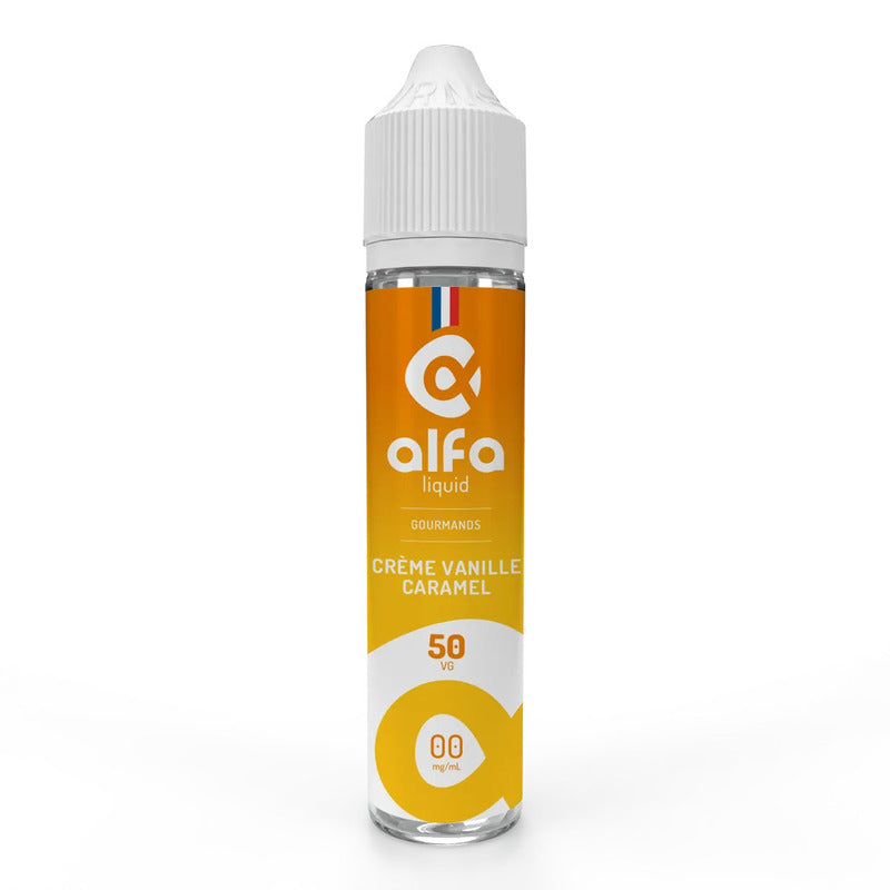 Flacon d'e-liquide Alfaliquid 50ml Crème Vanille Caramel avec étiquette orange et blanche sur fond blanc.