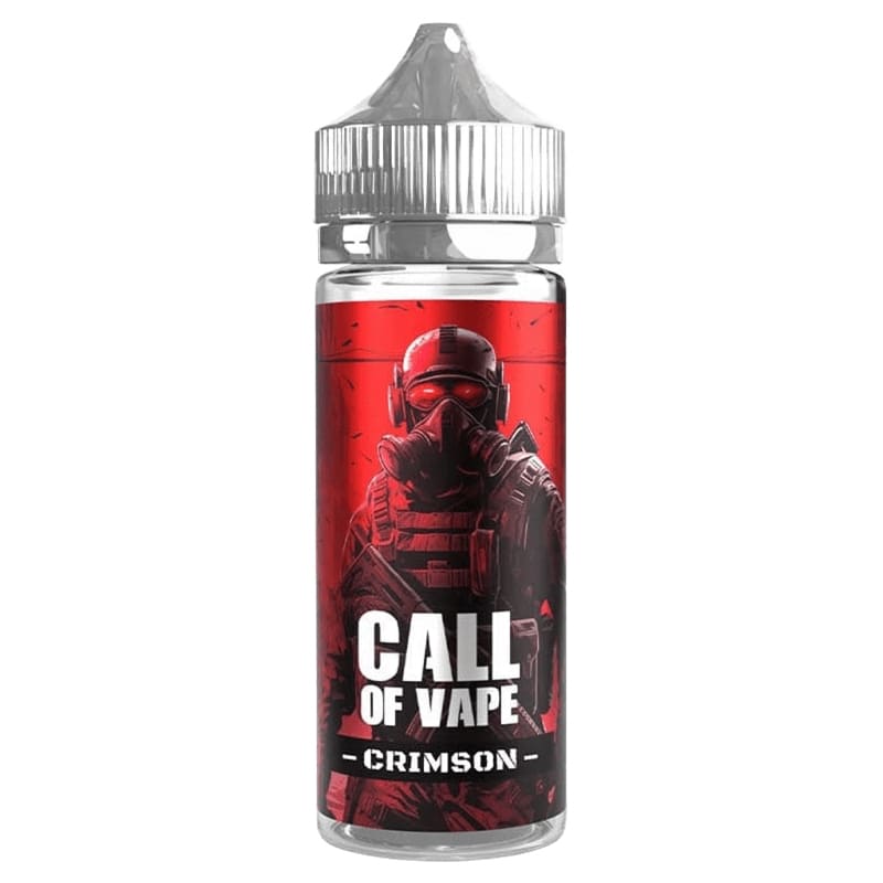 Flacon de 100ml E-liquide Crimson Call of Vape avec étiquette rouge illustrée d'un soldat et bouchon transparent.