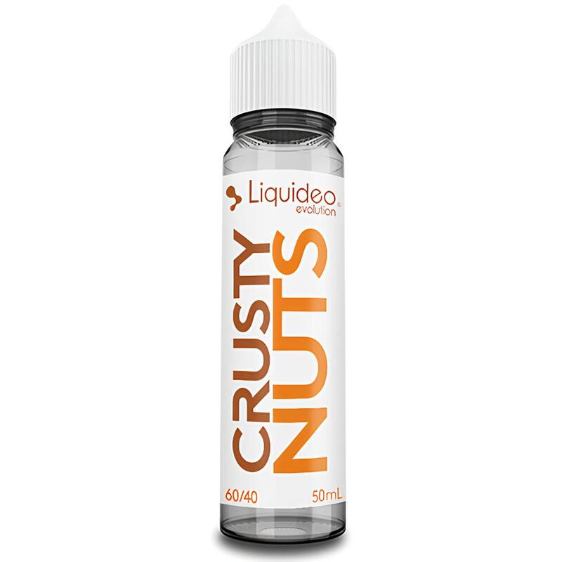 Flacon d'e-liquide Crusty Nuts Liquideo 50ml avec étiquette blanche et texte orange, bouchon blanc et design épuré.