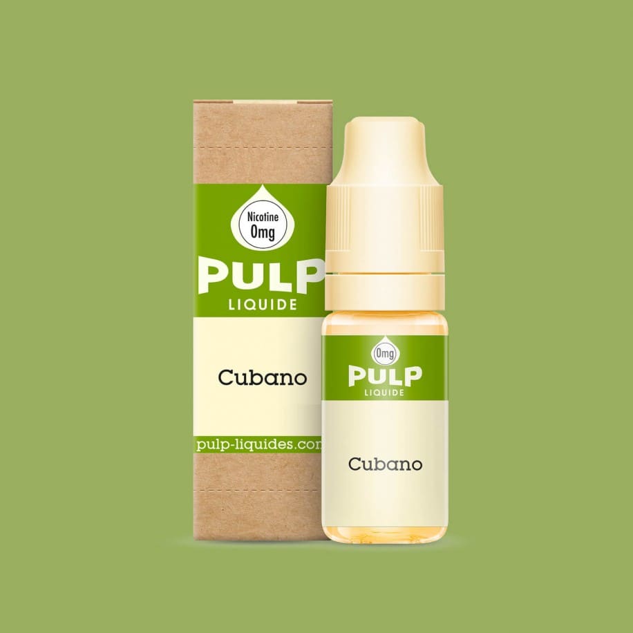 Flacon d'e-liquide PULP Cubano 10ml avec sa boîte en carton kraft et étiquette verte sur fond vert.