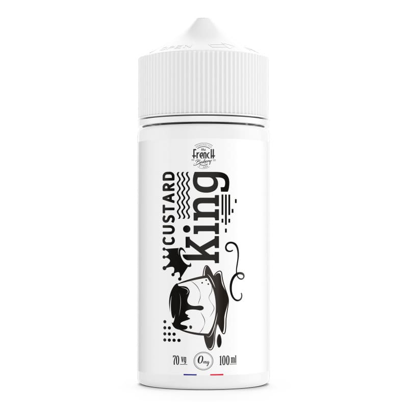 Flacon blanc de 100 ml d'e-liquide Custard King The French Bakery avec étiquette graphique noire et bouchon de sécurité.