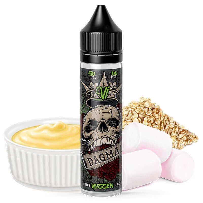 Flacon d'e-liquide Dagmál 50ml Vape Institut avec étiquette illustrée d'un crâne, entouré de crème vanille, d'avoine et de marshmallows.