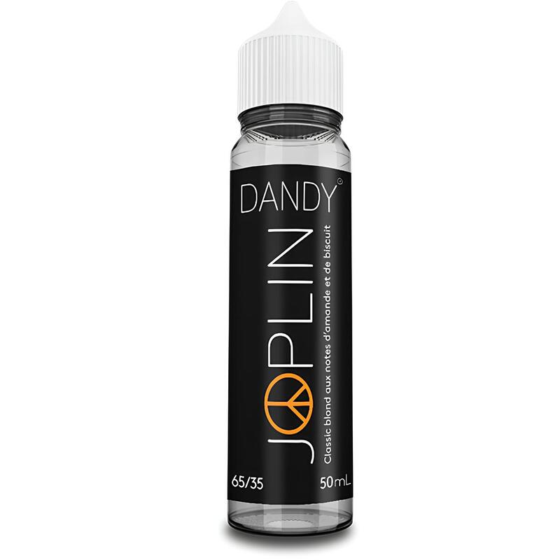 Flacon d'e-liquide Dandy Joplin 50ml par Liquideo avec étiquette noire, bouchon blanc et logo peace and love orange.