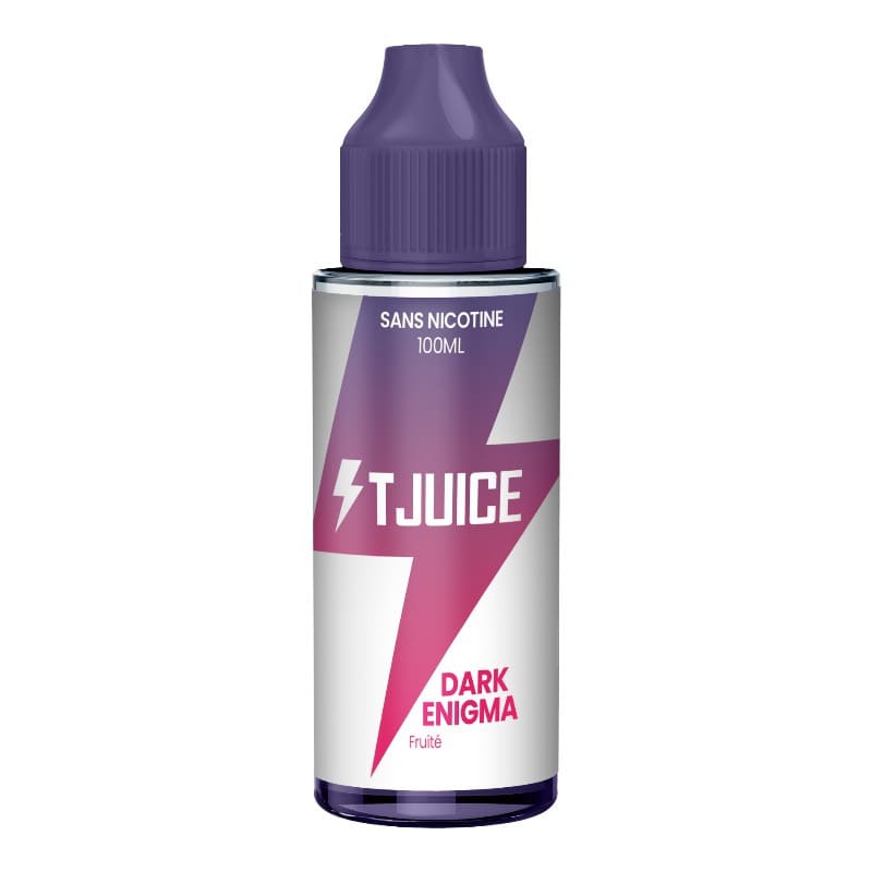 Flacon d'e-liquide T-Juice Dark Enigma 100ml avec bouchon violet, étiquette grise et logo éclair rose vif.