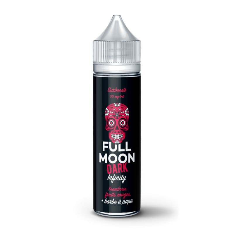 Flacon de 50 ml d'e-liquide Full Moon Dark Infinity avec étiquette noire, motif de crâne rouge et bouchon blanc.