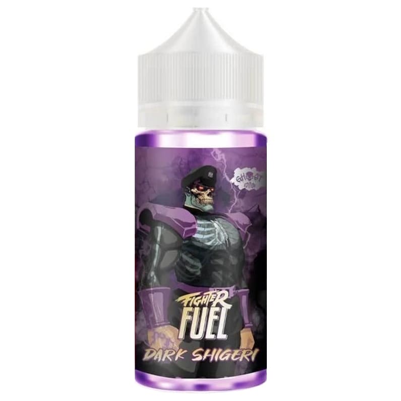 Flacon de e-liquide Fighter Fuel Dark Shigeri avec étiquette violette illustrée d'un personnage de guerrier squelette.