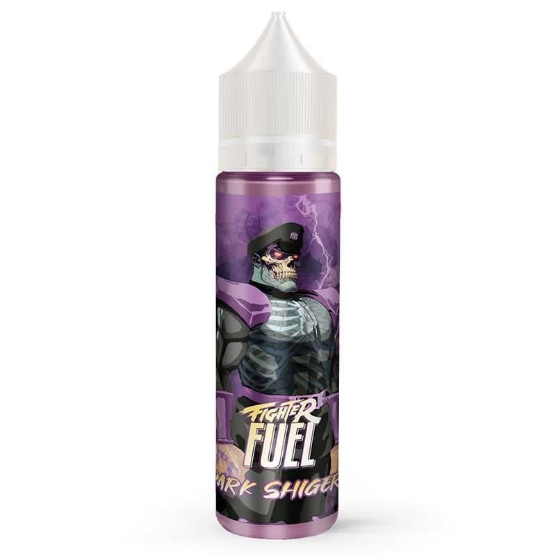 Flacon de e-liquide Fighter Fuel Dark Shigeri avec étiquette violette illustrée d'un personnage squelette guerrier.