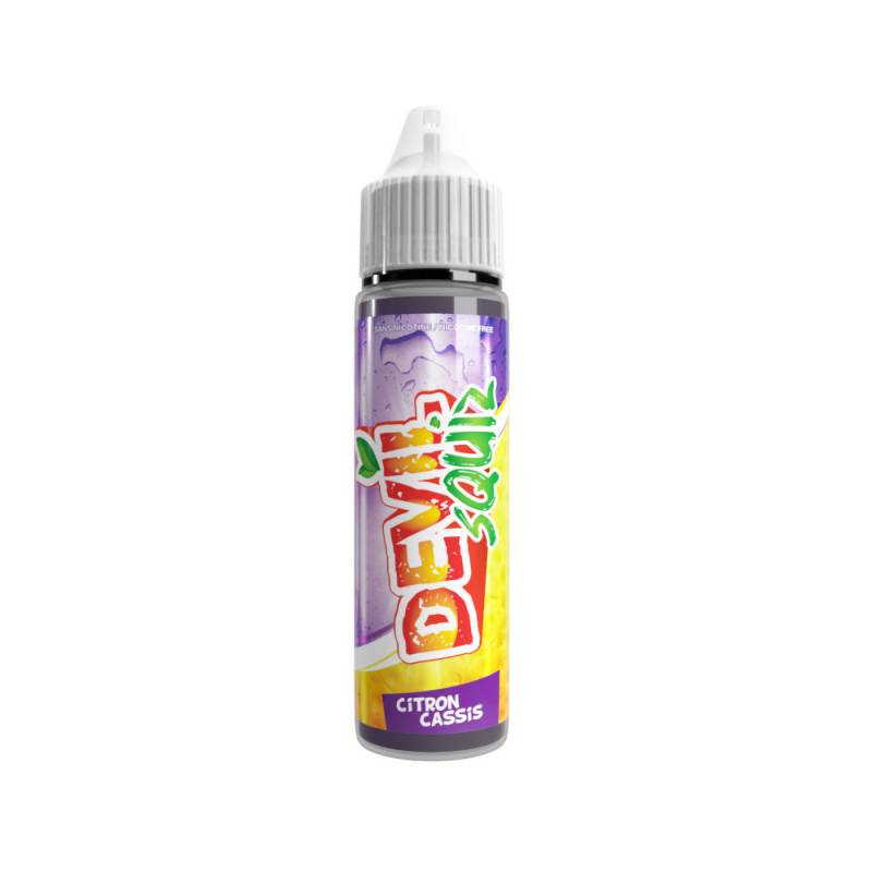 Flacon de 50ml Devil Squiz Citron Cassis AVAP avec étiquette colorée jaune et violette, bouchon blanc.
