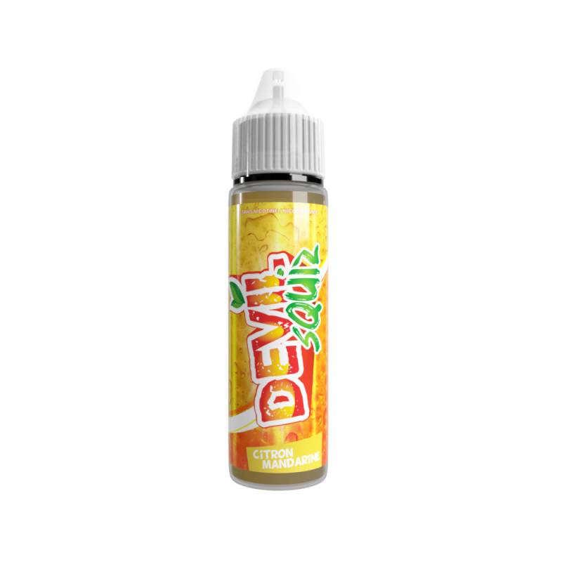 Flacon de 50ml Devil Squiz Citron Mandarine Avap, étiquette jaune vif avec logo rouge et vert, bouchon blanc.