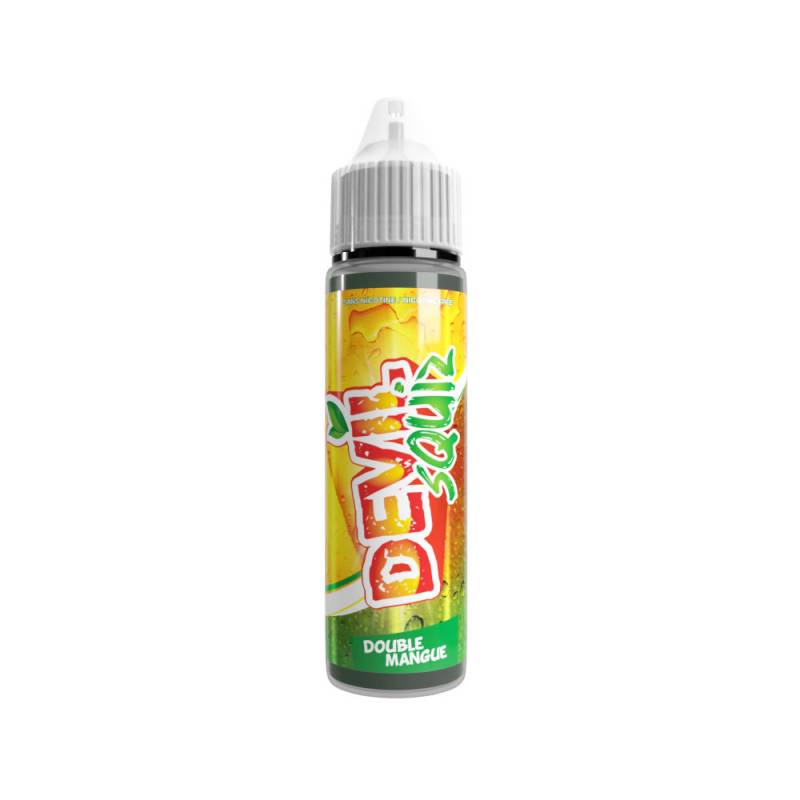 Flacon d'e-liquide Devil Squiz Double Mangue 50ml, étiquette jaune et verte illustrée de mangues juteuses sur fond blanc.