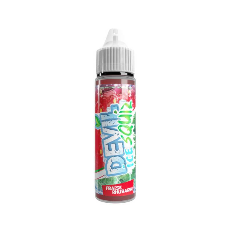 Flacon 50ml Devil Squiz ICE Fraise Rhubarbe AVAP avec étiquette rouge et verte, design fruité et bouchon blanc sécurisé.