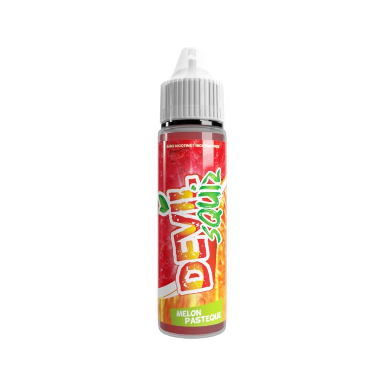 Flacon 50ml Devil Squiz Avap Melon Pastèque, étiquette rouge et orange vive, bouchon blanc, design fruité sans nicotine.