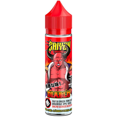 Flacon d'e-liquide Diablo 50ml Saiyen Vapors avec bouchon rouge et illustration de personnage démon rouge style manga.