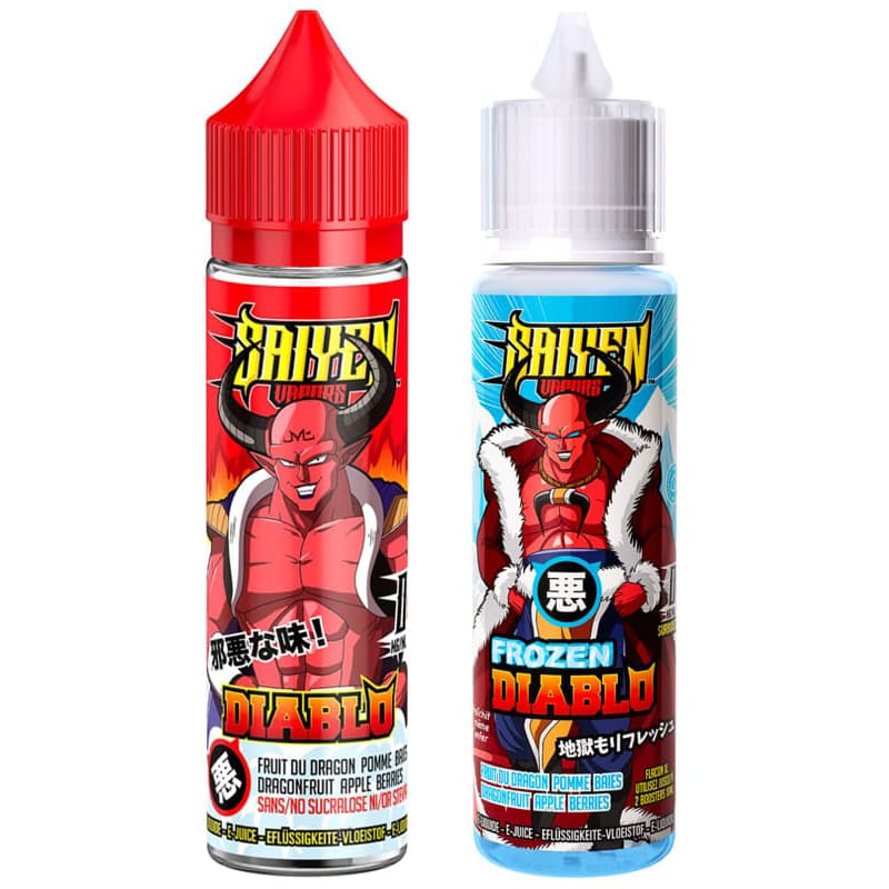 Deux flacons d'e-liquide Saiyen Vapors Diablo et Frozen Diablo de 50ml avec illustrations de personnages style manga.