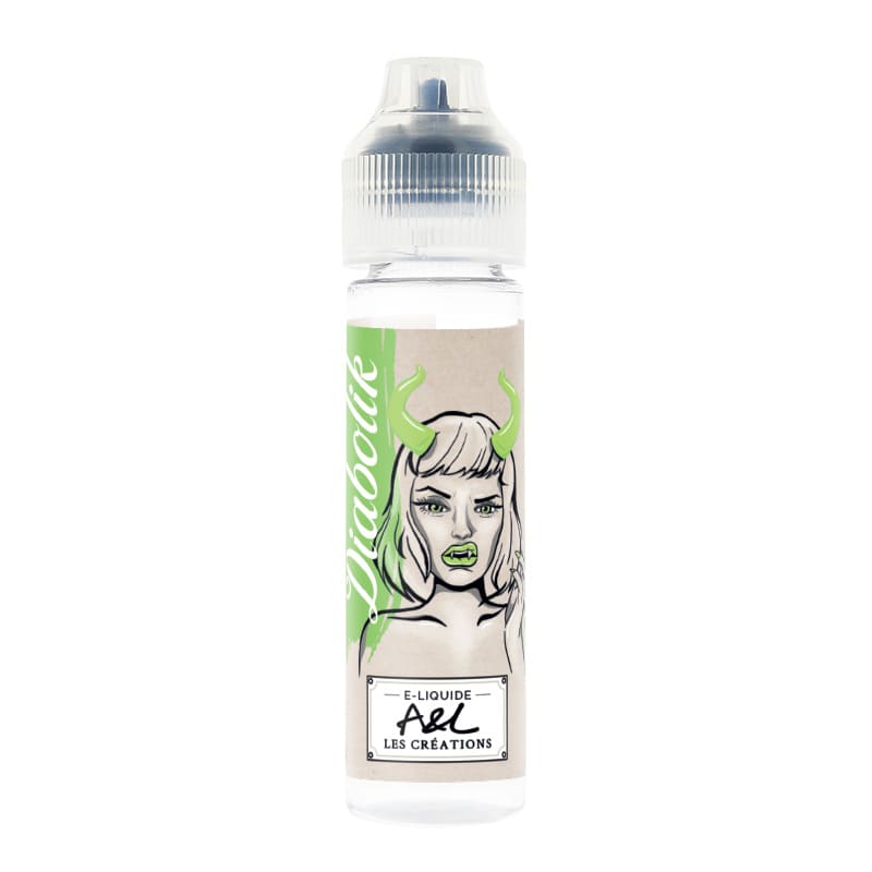 Flacon de 50ml E-liquide Diabolik A&L Les Créations avec étiquette illustrée d'un personnage aux cornes vertes.