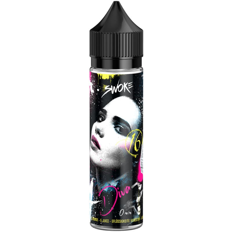 Flacon de 50ml Swoke Diva avec étiquette artistique noir et blanc, touches de rose et jaune, bouchon noir sécurisé.