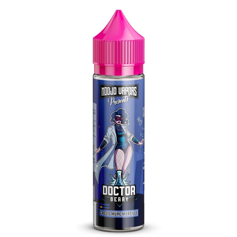 Flacon d'e-liquide Doctor Berry 50ml Modjo Vapors avec bouchon rose et étiquette illustrée d'une super-héroïne sur fond bleu.