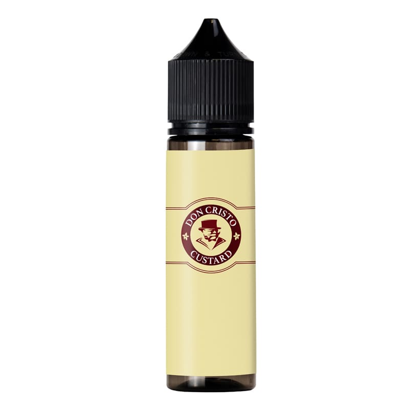 Flacon de 50ml Don Cristo Custard avec étiquette crème, logo cigare marron et bouchon noir sécurité enfant.