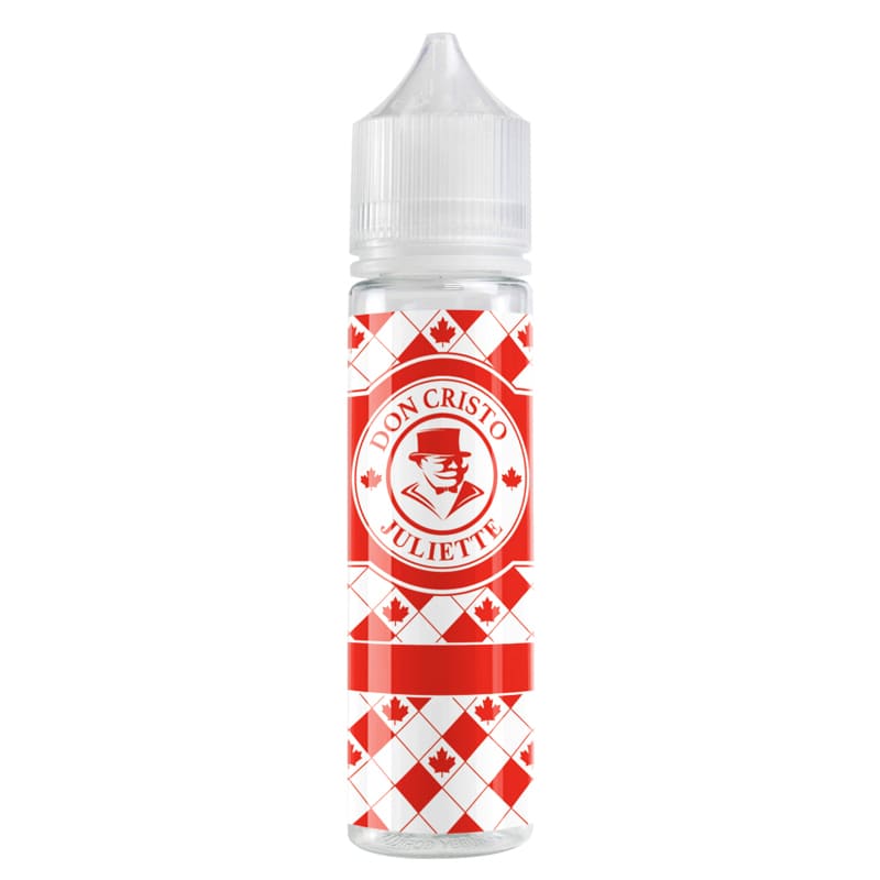 Flacon d'e-liquide Don Cristo Juliette 50ml avec étiquette à motif damier rouge et blanc et logo cigare cubain.