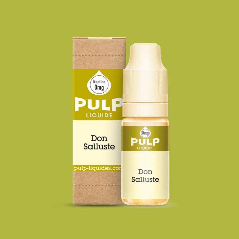 Flacon d'e-liquide PULP Don Salluste 10ml avec sa boîte en carton kraft sur fond vert olive.