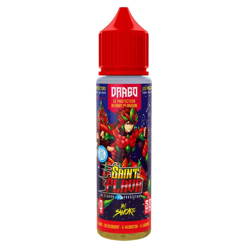Flacon de 50ml d'e-liquide Saint Flava Drago avec bouchon rouge et illustration de guerrier manga sur fond cosmique.