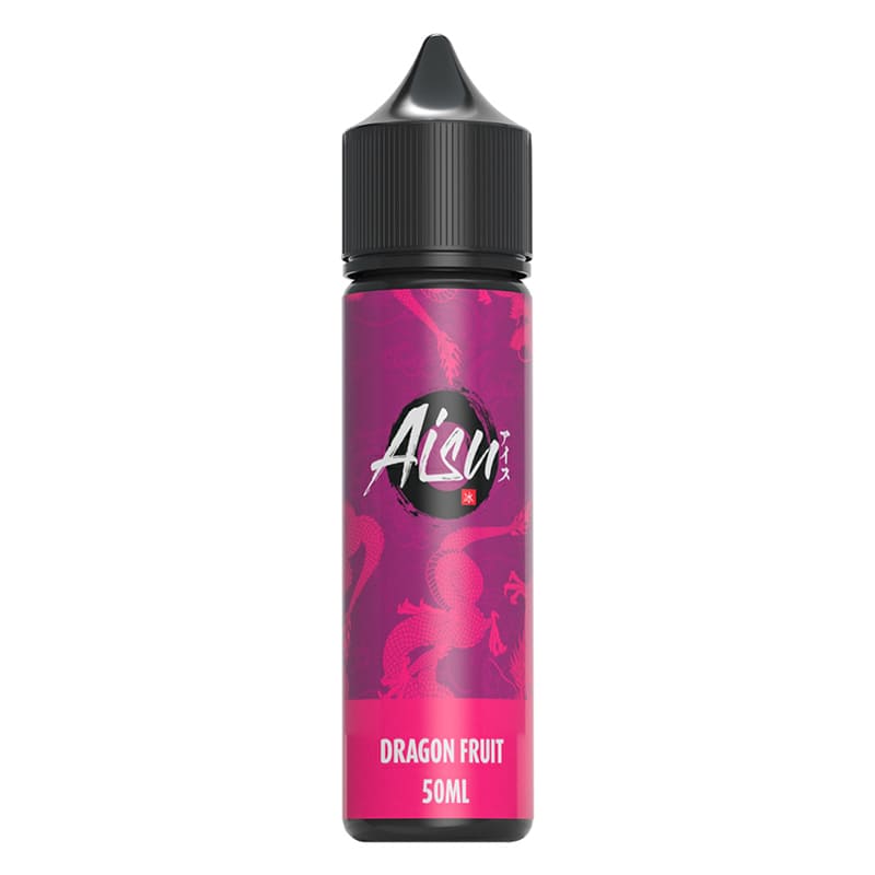 Flacon de 50ml d'e-liquide Aisu Dragon Fruit avec étiquette rose ornée de motifs de dragons et bouchon noir.