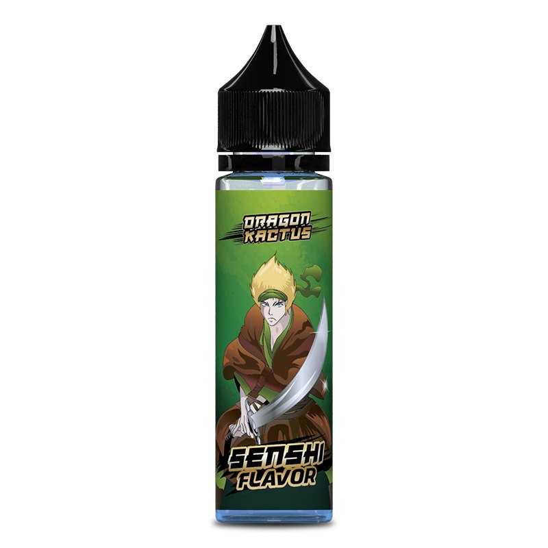 Flacon d'e-liquide Senshi Flavor Dragon Kactus 50ml avec illustration de guerrier manga sur fond vert et bouchon noir.