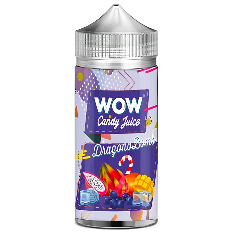 Flacon de 100ml Wow Candy Juice DragonoBomb avec étiquette colorée illustrant fruit du dragon, mangue, cassis et bonbon.