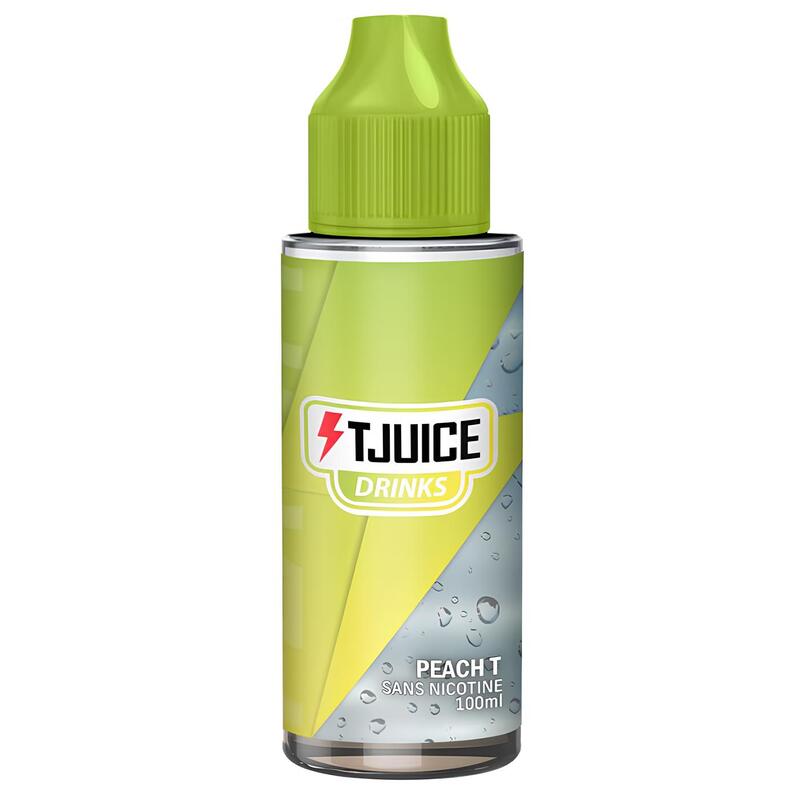 Flacon d'e-liquide T-Juice Peach T avec bouchon vert, étiquette jaune et grise illustrant une pêche et du thé glacé.
