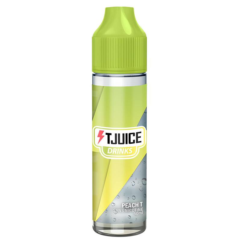 Flacon d'e-liquide T-Juice Drinks Peach T 50ml avec bouchon vert, étiquette jaune et grise aux motifs de gouttes d'eau.