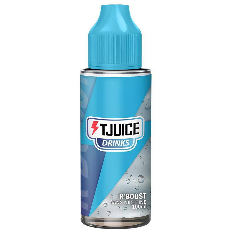 Flacon d'e-liquide T-Juice R'Boost 100ml avec bouchon bleu, étiquette bleue dynamique et design inspiré d'une boisson énergisante.