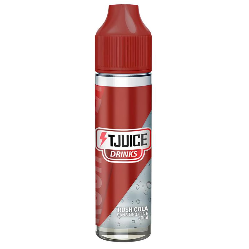 Flacon d'e-liquide T-Juice Rush Cola 50ml avec bouchon rouge, étiquette blanche et rouge au design soda rafraîchissant.
