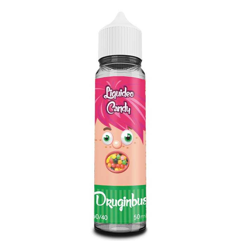 Flacon d'e-liquide Druginbus Liquideo 50ml avec étiquette illustrée d'un personnage aux cheveux roses et bonbons colorés.