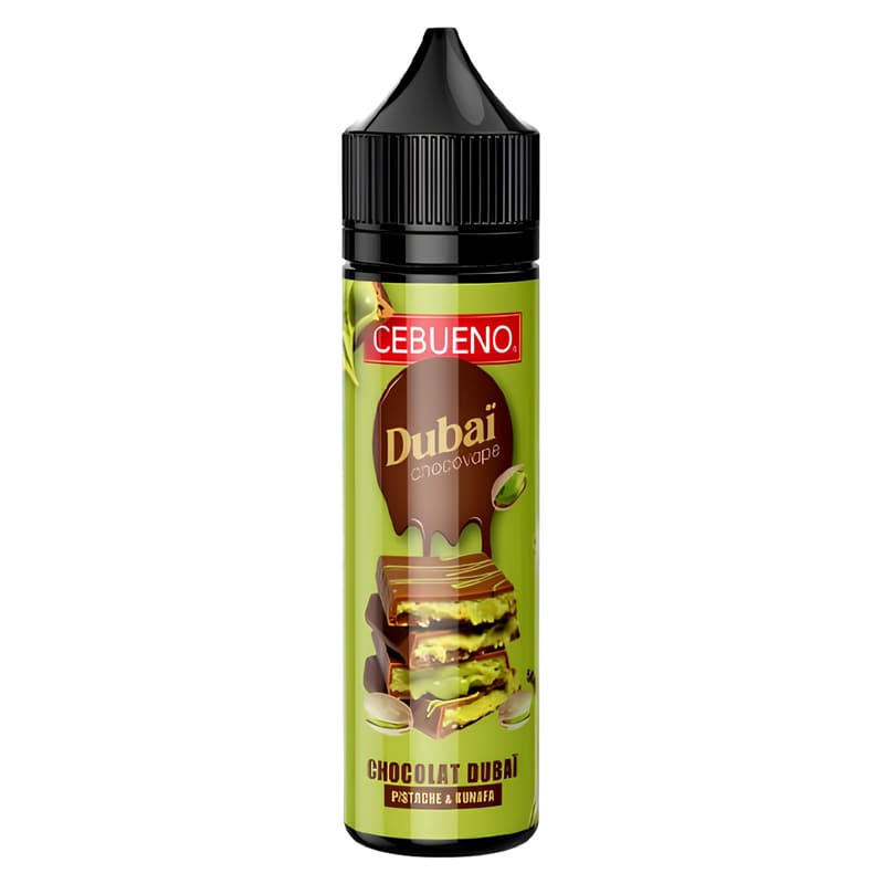 Flacon d'e-liquide Cebueno Dubaï Chocovape 50ml vert avec illustration de chocolat, pistaches et kunafa.