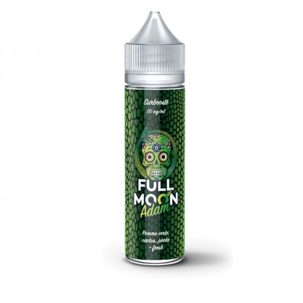 Flacon de 50ml d'e-liquide Full Moon Eden Adam avec étiquette verte à motif écailles et crâne mexicain coloré.