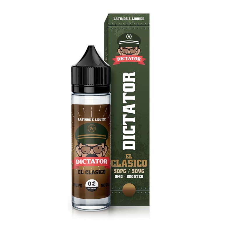 Flacon de 50ml et boîte verte Dictator El Clasico Savourea avec illustration de dictateur, saveur classic, café et cacahuète.