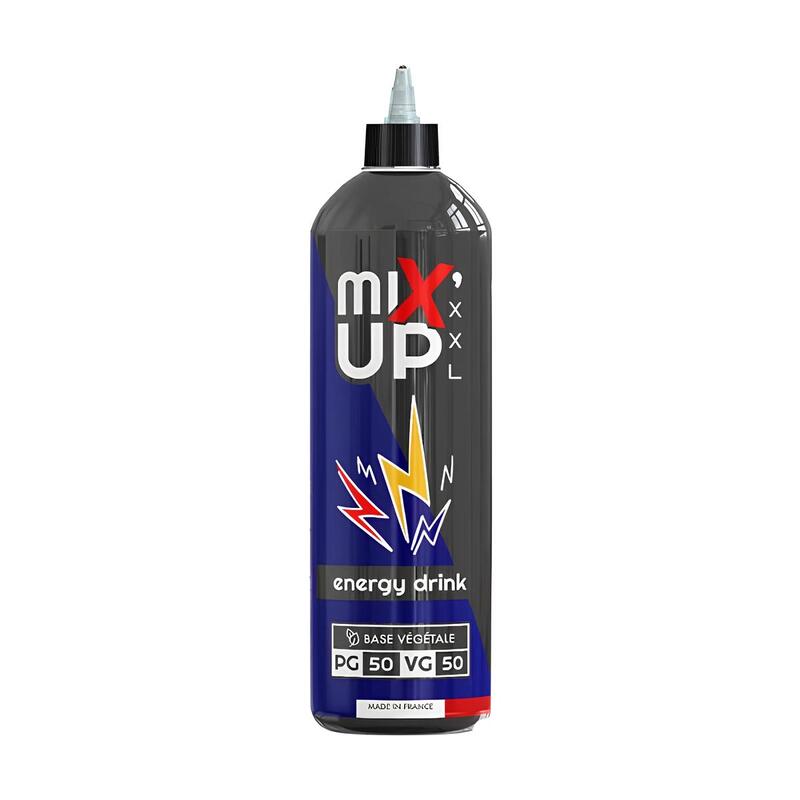 Flacon d'e-liquide Mix'Up XXL Energy Drink 1L avec étiquette bleue et noire, design éclair et base 50/50 végétale.