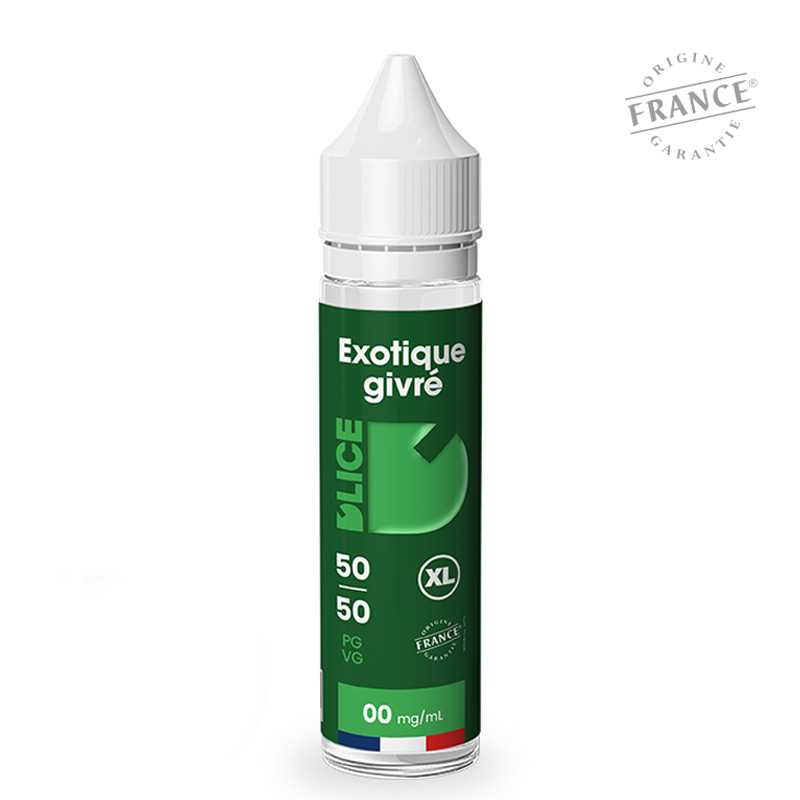 Flacon d'e-liquide D'LICE XL Exotique Givré 50ml avec étiquette verte, bouchon blanc et logo Origine France Garantie.