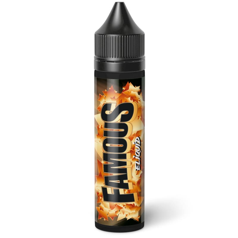 Flacon de 50ml E-liquide Famous Eliquid France avec étiquette aux motifs d'étoiles dorées et bouchon noir.